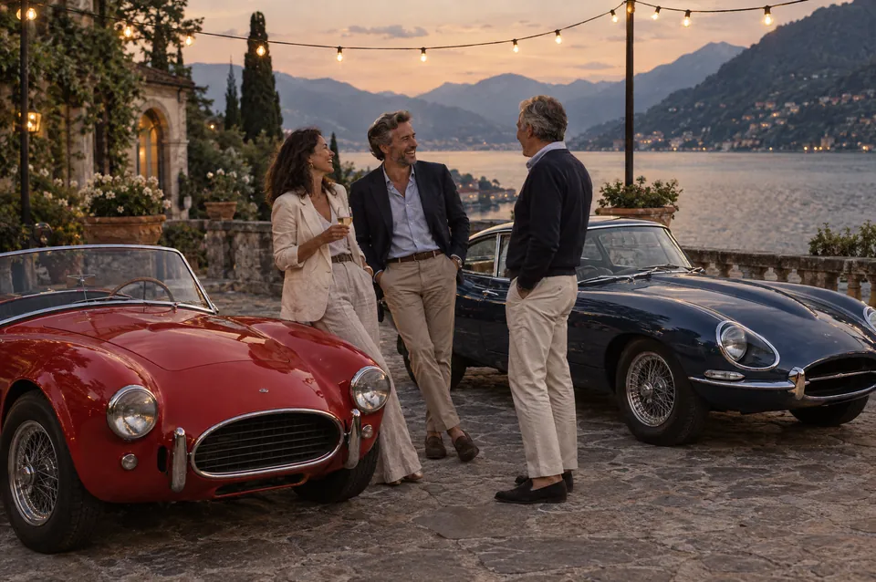 Owners talking beside two classic sports cars on a lakeside terrace at dusk